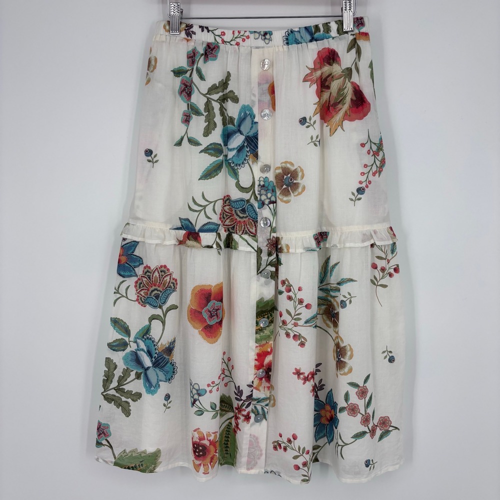 Johnny Was Ekru Ardell Ruffle Skirt Womens XS Floral Tiered Button Front Midi